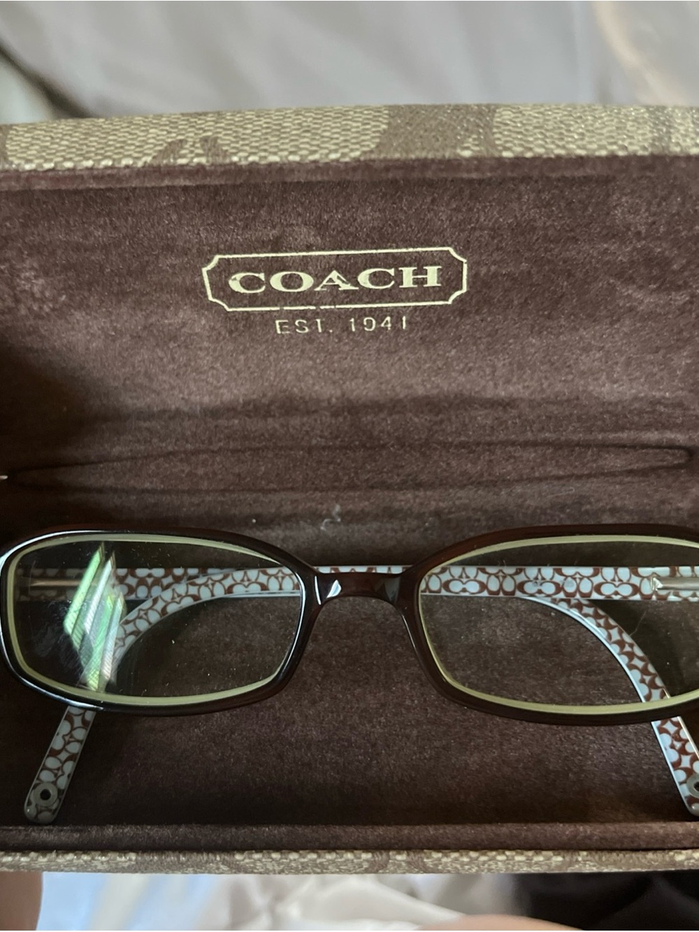 Coach Brown Rectangle Glasses with Case-Signature Pattern